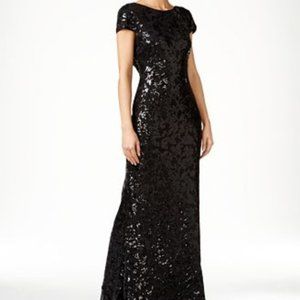 Calvin Klein-Black Sequin Capped Sleeve Gown